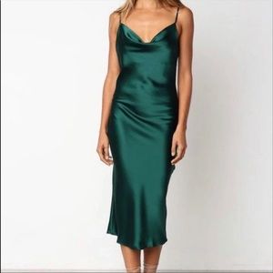 Emerald Green Midi Slip Dress small cowl neck silk satin